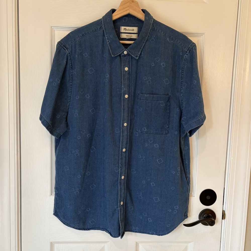 Madewell Mens Perfect Fit Sz XL Chambray Blue Camp Short Sleeve Shirt Soft